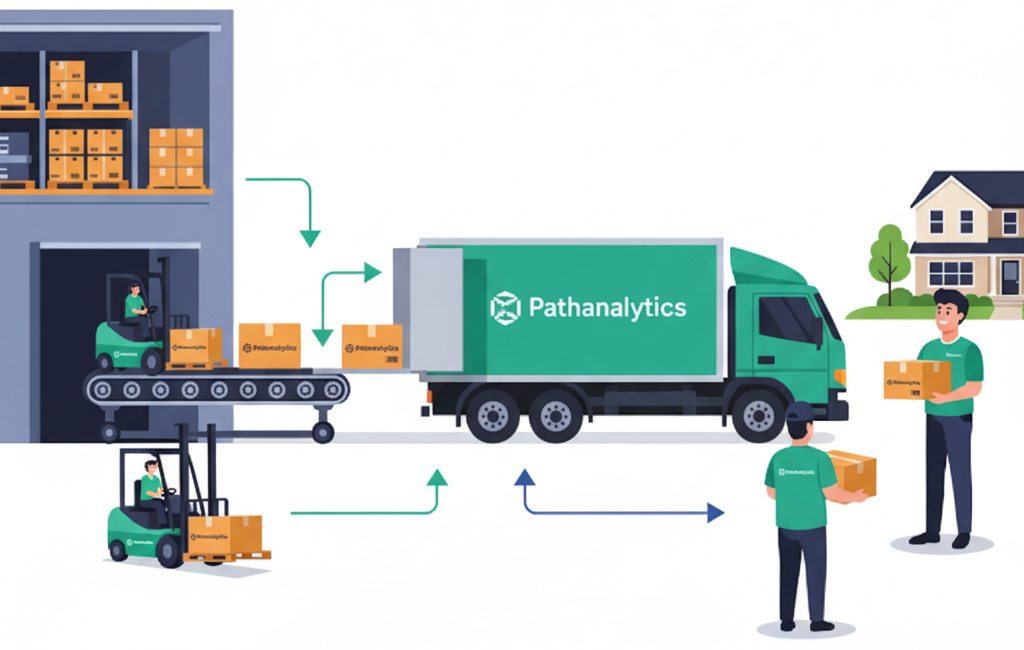 An illustration showing the flow of goods from warehouse to delivery truck to customer.